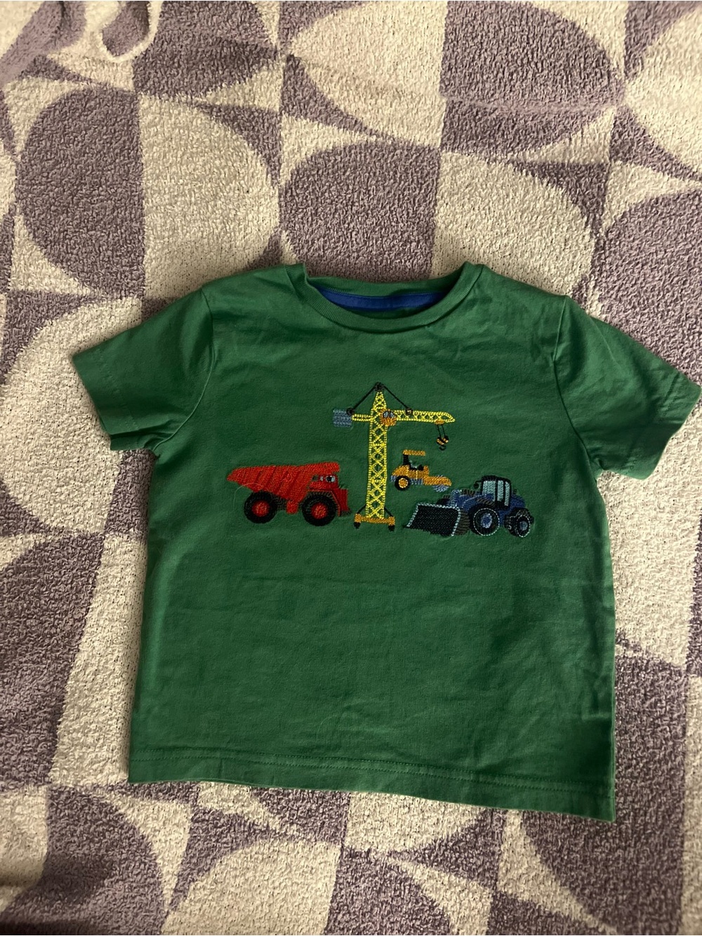 🚛 Mini Boden Green Tee with Red, Yellow and Blue Construction Vehicles